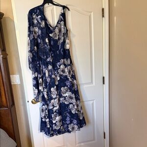 Alex Evenings One Shoulder Floral Dress in Navy and White